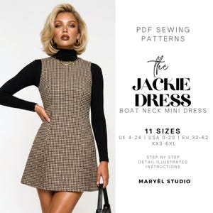 Peut inclure: Une robe courte sans manches à motif pied-de-poule marron et noir avec une encolure bateau. Le texte indique : PDF SEWING PATTERNS, the JACKIE DRESS, BOAT NECK MINI DRESS, 11 SIZES UK 4-24 | USA 0-20 | EU 32-52 XXS-6XL, STEP BY STEP DETAIL ILLUSTRATED INSTRUCTIONS, MARYÈL STUDIO.