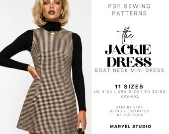 Molde para Vestido Mini de Decote Canoa e Corte A | Vestido Feminino Sem Mangas Fácil | Ideal para Iniciantes | Download Digital Instantâneo em PDF | Tamanhos EUA 0-20