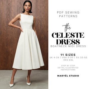 Boat Neck Midi Prom Dress Pdf Sewing Pattern with Cirkle Skirt, Easy Dress Pattern, Beginners Dress Pattern, US 0-20