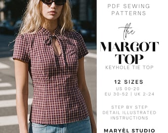 Keyhole Tie Top Sewing Pattern| Easy Linen Top| Mandarin Collar | Y2k Pattern| Short Sleeve Shirt|  Beginner Sewing Pattern| US 00 - 20
