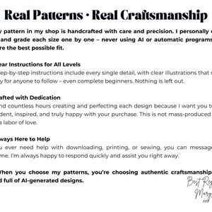 May include: White background with black text that reads "Real Patterns &bull; Real Craftsmanship." The text describes handcrafted patterns, clear instructions, dedication, and customer support. The image ends with a signature.