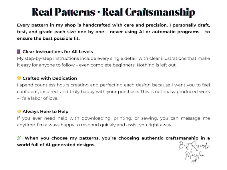 May include: White background with black text that reads "Real Patterns &bull; Real Craftsmanship." The text describes handcrafted patterns, clear instructions, dedication, and customer support. The image ends with a signature.