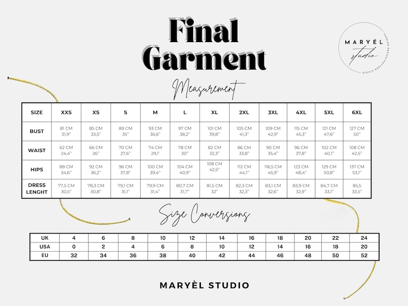 May include: A black and white size chart titled Final Garment Measurement by Maryel Studio. It displays bust, waist, hips, and dress length measurements in centimeters and inches for sizes XXS to 6XL, plus a size conversion table for UK, USA, and EU.