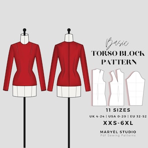 Basis naaipatroon torso-lijfblok| Sloperpatroon| Pdf direct digitaal downloaden| VS 0-20