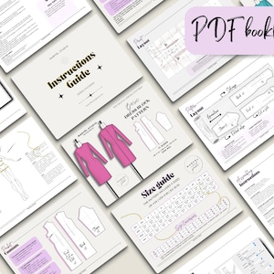 May include: A PDF booklet for a dress block pattern. The booklet includes instructions, a size guide, and pattern layouts. The cover features a pink dress on a mannequin.