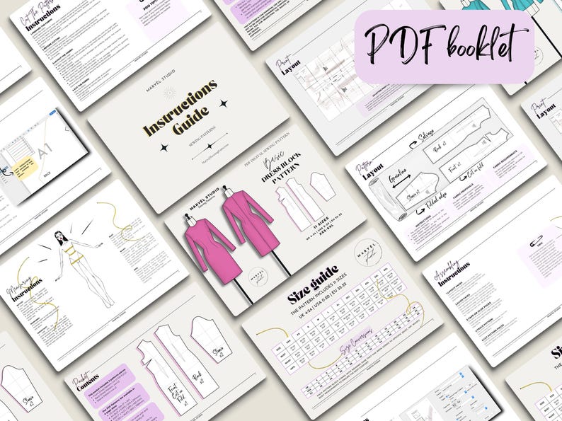 May include: A PDF booklet for a dress block pattern. The booklet includes instructions, a size guide, and pattern layouts. The cover features a pink dress on a mannequin.