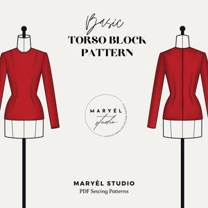 Puede incluir: Una ilustraci&oacute;n digital de un patr&oacute;n b&aacute;sico de bloque de torso para coser. El patr&oacute;n se muestra en un maniqu&iacute; de color rojo. El texto "Basic Torso Block Pattern" est&aacute; en la parte superior de la imagen. El texto "MARY&Euml;L STUDIO" est&aacute; en la parte inferior de la imagen.