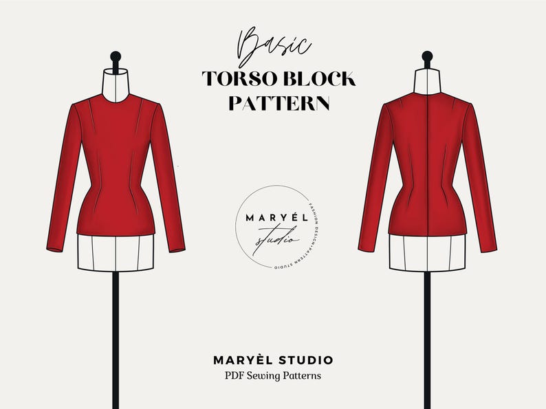 Puede incluir: Una ilustraci&oacute;n digital de un patr&oacute;n b&aacute;sico de bloque de torso para coser. El patr&oacute;n se muestra en un maniqu&iacute; de color rojo. El texto "Basic Torso Block Pattern" est&aacute; en la parte superior de la imagen. El texto "MARY&Euml;L STUDIO" est&aacute; en la parte inferior de la imagen.