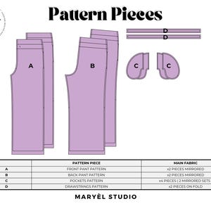 May include: A digital sewing pattern layout labeled Pattern Pieces by Maryel Studio. It displays lavender-colored shapes for pants including front pieces A, back pieces B, pocket pieces C, and drawstring pieces D, with a table detailing fabric requirements.