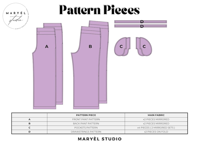 May include: A digital sewing pattern layout labeled Pattern Pieces by Maryel Studio. It displays lavender-colored shapes for pants including front pieces A, back pieces B, pocket pieces C, and drawstring pieces D, with a table detailing fabric requirements.