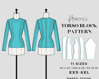 Patrón básico de costura para corpiño de torso/Corpiño con costura princesa/Bloques para mujer/UK 4-24, US 0-20/Descarga instantánea en PDF digital