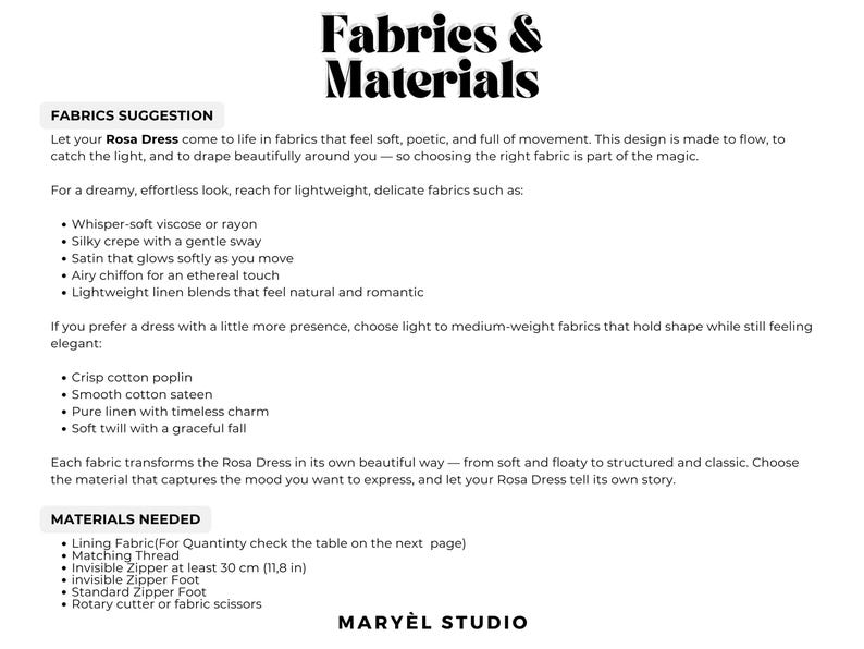 May include: A white graphic with the text "Fabrics & Materials" and a list of fabric suggestions and materials needed for a Rosa Dress. The materials include a 30 cm (11.8 in) invisible zipper.