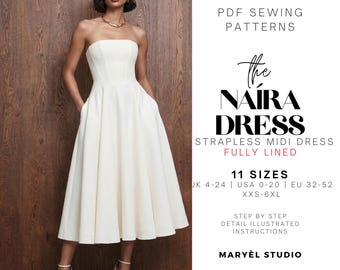 Molde em PDF para Vestido Midi Corset Sem Alças, Vestido de Festa Fácil, Molde para Costura de Iniciantes, Tamanhos EUA 0-20
