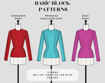 Paquete de patrones básicos de costura para corpiño/Bloque básico de torso con mangas/Patrones básicos de bajo/Tallas uk4-24/Us 0-20/Eu 32-52/Descarga digital en PDF