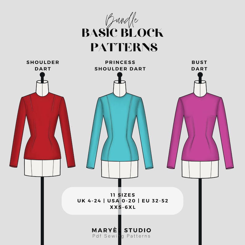 Lot de patrons de couture pour corsage basique | Torse simple avec manches | Pantoufles basiques| Royaume-Uni4-24| Nous 0-20| 32-52 UE| Téléchargement numérique PDF image 1