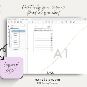 May include: A computer screen displaying a layered PDF sewing pattern for a garment. The pattern includes size guidelines in inches and centimeters, and a back view of the garment labeled "A1". The text "Print only your size as times as you want" is displayed at the top of the screen.