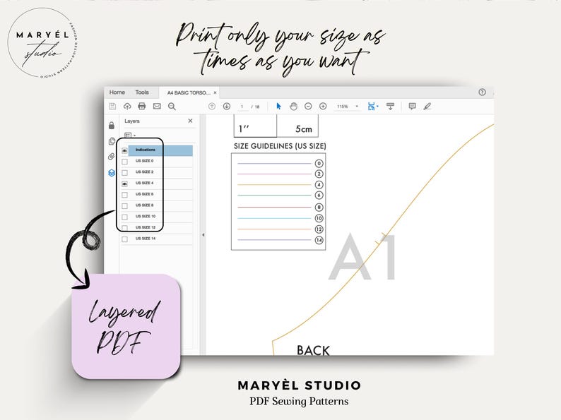 May include: A computer screen displaying a layered PDF sewing pattern for a garment. The pattern includes size guidelines in inches and centimeters, and a back view of the garment labeled "A1". The text "Print only your size as times as you want" is displayed at the top of the screen.