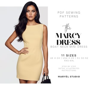 Wykrój na sukienkę mini z dekoltem łódkowym | Sukienka o kroju litery A, dla początkujących | Pobierz plik PDF | Rozmiary US 0-20