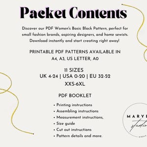 Puede incluir: Una descarga digital de un patr&oacute;n de bloque b&aacute;sico para mujer en formato PDF. El patr&oacute;n est&aacute; disponible en 11 tallas, desde la UK 4-24, la USA 0-20 y la EU 32-52. El patr&oacute;n tambi&eacute;n est&aacute; disponible en varias tallas, incluyendo XXS-6XL. El folleto PDF incluye instrucciones de impresi&oacute;n, montaje, medici&oacute;n y corte, as&iacute; como una gu&iacute;a de tallas y detalles del patr&oacute;n.