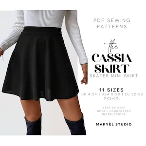 Puede incluir: Se muestra una minifalda skater negra. La imagen promociona un patrón de costura PDF para "The Cassia Skirt", una minifalda skater. El patrón ofrece 11 tallas, desde UK 4-24 hasta USA 0-20 y EU 32-52. También aparece el texto "Maryèl Studio".