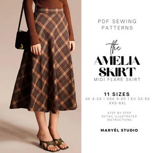 May include: A brown and tan plaid midi flare skirt with a high waistband. The text reads: PDF SEWING PATTERNS, The AMELIA SKIRT, MIDI FLARE SKIRT, 11 SIZES, UK 4-24 | USA 0-20 | EU 32-52, XXS-6XL, STEP BY STEP DETAIL ILLUSTRATED INSTRUCTIONS, MARYÈL STUDIO.