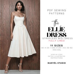 Strapless Corset Midi Dress PDF Sewing Pattern, Basque Waist  Dress, Bustier Wedding Guest Gown, Beginner-Friendly, US 0-20