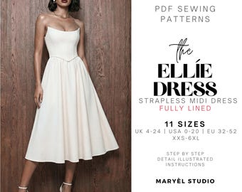 PDF-Schnittmuster für ein trägerloses Midikleid mit Korsett, baskischer Taille, Bustierkleid für Hochzeitsgäste, anfängerfreundlich, US-Größen 0-20