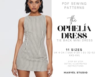 Boat Neck A-line Mini Dress Pdf Sewing Pattern with Tie Back, Easy Woman Dress, Beginner Sewing Pattern, US 0-20