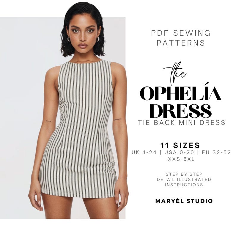 A-line Mini Dress Pdf Sewing Pattern with Tie Back, Easy Woman Dress, Beginner Sewing Pattern, US 0-20 image 1