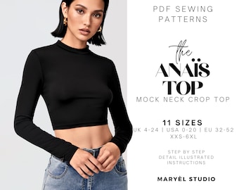 Crop Top Sewing Pattern| Mock Neck Top Pattern| Long Sleeve Top| Easy Stretch Top Pattern| US 0-20| EU 32-52 | PDF Digital Download