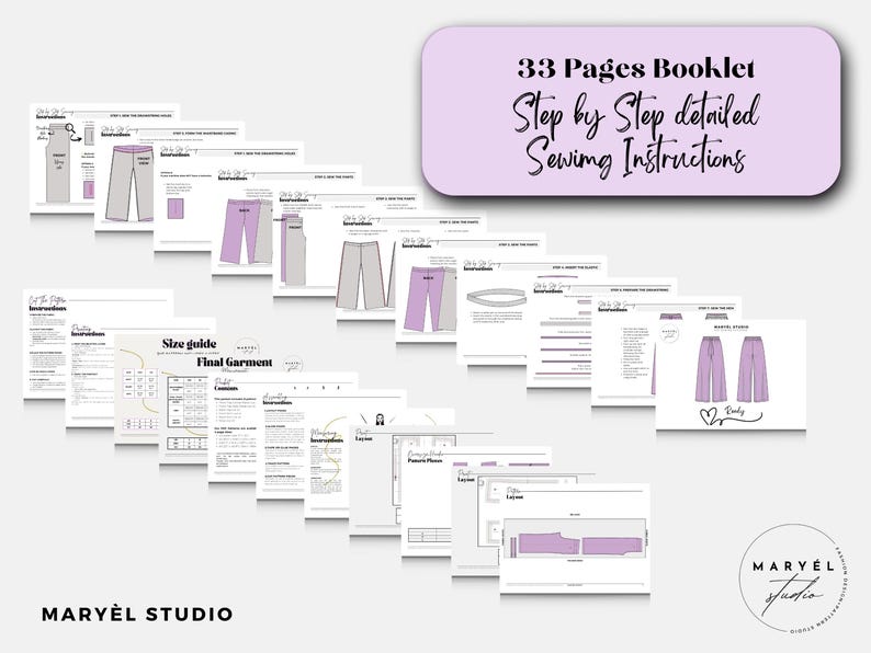 Puede incluir: Un folleto de instrucciones de costura de 33 p&aacute;ginas de Maryel Studio con gu&iacute;as paso a paso para pantalones. Las p&aacute;ginas incluyen diagramas, una gu&iacute;a de tallas, ilustraciones de la prenda final, esquemas de corte e instrucciones detalladas.