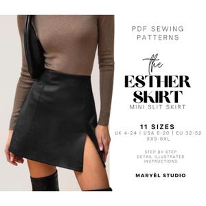 Naaipatroon A-lijn minirok| Rok met hoge taille en split| Patroon leren rok| Digitale pdf-download| Verenigd Koninkrijk: 4-24 | Wij 0-20 | Eu 32-52