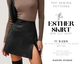 A-Line Mini Skirt Sewing Pattern| High Waist Skirt with Slit| Leather Skirt Pattern| Pdf Digital Download| Uk 4-24 | Us 0-20 | Eu 32-52
