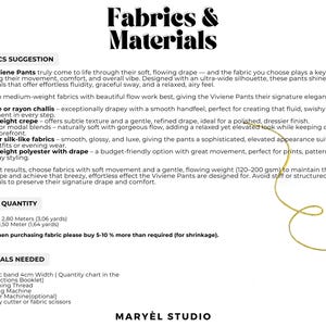 Puede incluir: Un documento informativo titulado Fabrics & Materials para los pantalones Viviene. Enumera sugerencias de telas como viscosa, crep&eacute; y sat&eacute;n, especifica una longitud de 2,80 metros y un ancho de 1,50 metros, y enumera los materiales necesarios, incluida una banda el&aacute;stica de 4cm.