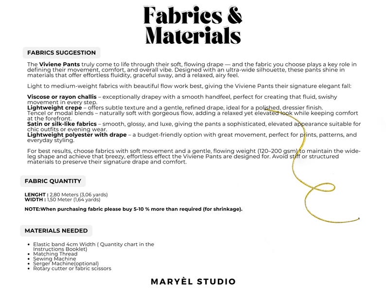 Puede incluir: Un documento informativo titulado Fabrics & Materials para los pantalones Viviene. Enumera sugerencias de telas como viscosa, crep&eacute; y sat&eacute;n, especifica una longitud de 2,80 metros y un ancho de 1,50 metros, y enumera los materiales necesarios, incluida una banda el&aacute;stica de 4cm.