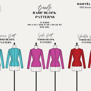 Peut inclure: Illustration num&eacute;rique de trois types de patrons de blocs de torse&nbsp;: Princess Dart, Side Dart et Shoulder Dart. Chaque patron est pr&eacute;sent&eacute; sur un mannequin d&rsquo;une couleur diff&eacute;rente&nbsp;: turquoise, rose et rouge. Le texte &laquo;&nbsp;Bundle Basic Block Patterns&nbsp;&raquo; est en haut de l&rsquo;image. Le texte &laquo;&nbsp;11 Sizes UK 4-24 | USA 0-20 | EU 32-52 XXS-6XL&nbsp;&raquo; est sous le titre.