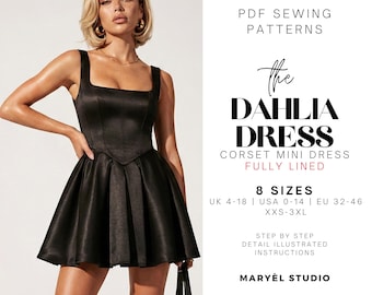 Corset Mini Dress Pdf Sewing Pattern, Square Neck Dress,Homecoming Formal Gown, Lace-up Back, US 0-20