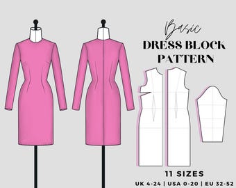 Patrón de costura de bloque de vestido básico / Bloque de vestido básico / Vestido básico Sloper / Patrón de bloque básico / EE. UU. 0-20 PDF Descarga digital
