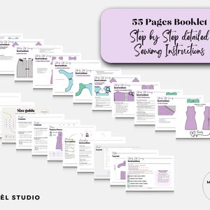 May include: A 55-page booklet containing step-by-step sewing instructions for a garment. The pages feature diagrams, a size guide, fabric layout, and assembly steps with text in English. The Maryel Studio logo appears on the pages and bottom left.