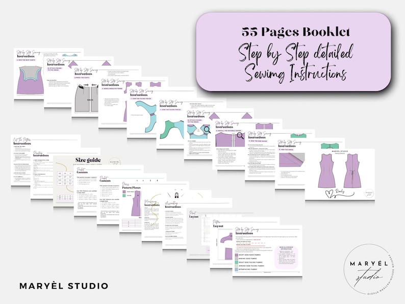 May include: A 55-page booklet containing step-by-step sewing instructions for a garment. The pages feature diagrams, a size guide, fabric layout, and assembly steps with text in English. The Maryel Studio logo appears on the pages and bottom left.