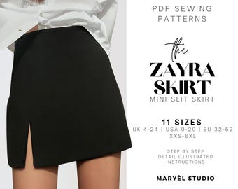 A-Line Mini Skirt Sewing Pattern| High Waist Skirt with Slit| PDF Digital Pattern| Us 0-20 | Eu 32-52