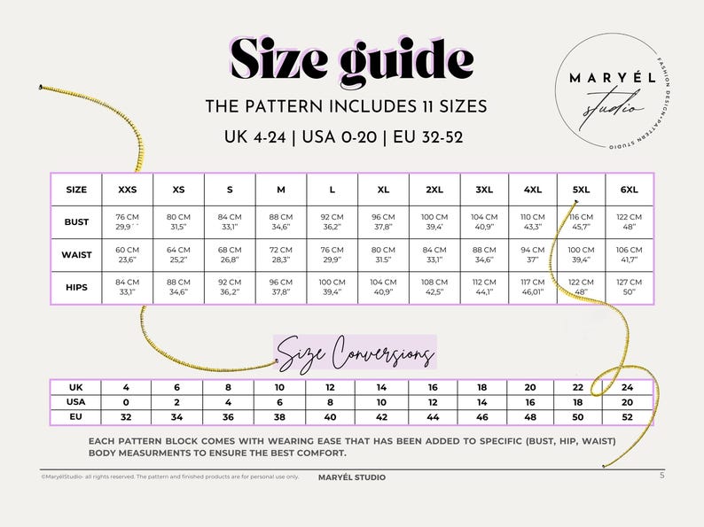 May include: A size chart for clothing patterns with measurements in inches and centimeters. The chart includes sizes for UK, USA, and EU sizing. The chart also includes size conversions for UK, USA, and EU sizing.