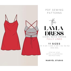 カウルネックミニドレスの型紙｜バックレスバックタイドレスの縫製型紙｜バイアスドレスの型紙｜US 0-20｜EU 32-52｜PDFデジタルダウンロード