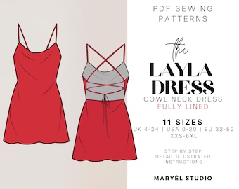 Cowl Neck Mini Dress Pattern| Backless Back Tie Dress Sewing Pattern| Bias Dress Pattern| US 0-20| EU 32-52| PDF Digital Download