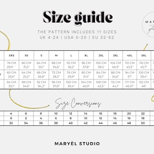 May include: A size guide chart with measurements in inches and centimeters. The chart includes bust, waist, and hip measurements, along with size conversions for UK, USA, and EU sizes. The text "Size guide" is at the top.