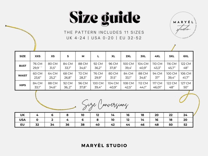 May include: A size guide chart with measurements in inches and centimeters. The chart includes bust, waist, and hip measurements, along with size conversions for UK, USA, and EU sizes. The text "Size guide" is at the top.
