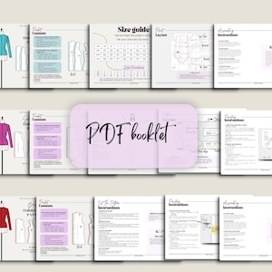 Peut inclure: Un livret PDF avec des instructions pour coudre une veste cintr&eacute;e. Le livret comprend un guide des tailles, des sch&eacute;mas de disposition et des instructions de montage. La couverture du livret pr&eacute;sente un fond rose avec le texte "PDF booklet" en noir.
