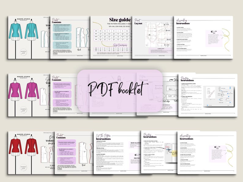 Peut inclure: Un livret PDF avec des instructions pour coudre une veste cintr&eacute;e. Le livret comprend un guide des tailles, des sch&eacute;mas de disposition et des instructions de montage. La couverture du livret pr&eacute;sente un fond rose avec le texte "PDF booklet" en noir.