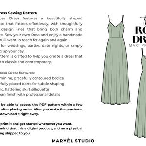 May include: A digital sewing pattern for the Rosa Dress, a maxi prom dress. The image shows two illustrations of the dress in a light green color, featuring a V-neckline and a flowing skirt. Text on the left describes the dress features.
