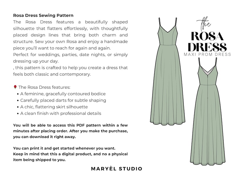 May include: A digital sewing pattern for the Rosa Dress, a maxi prom dress. The image shows two illustrations of the dress in a light green color, featuring a V-neckline and a flowing skirt. Text on the left describes the dress features.